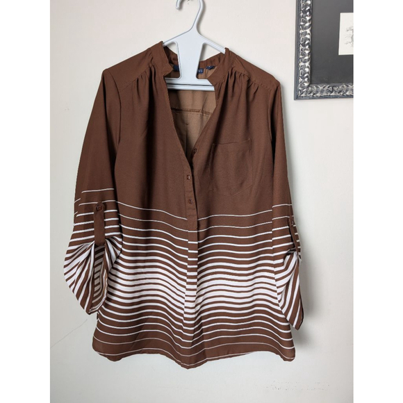 Denim 24/7 Tops - Denim 24/7 Women's Brown White Striped Blouse 14W